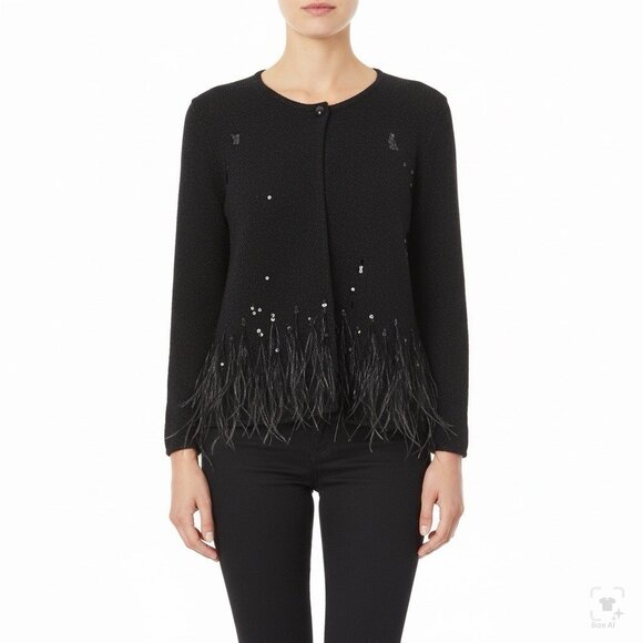 Chicos Womens Black Acrylic/Nylon/Wool Feather Trim Long Sleeve Cardigan Size 2 - Picture 11 of 11